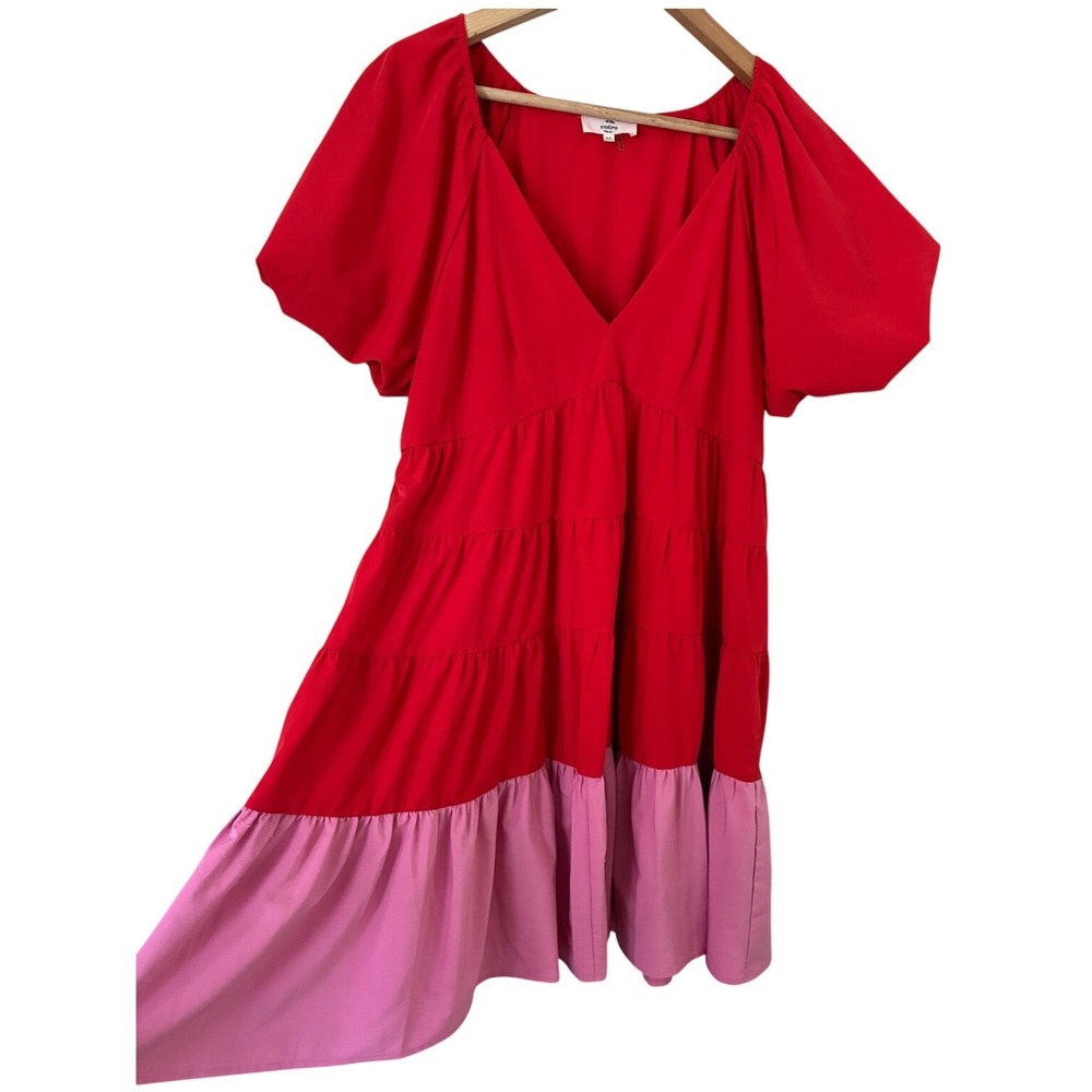 Entro Red Pink Romantic Colorblock Tiered Puff Sleeve Babydoll Mini Dress M Boho